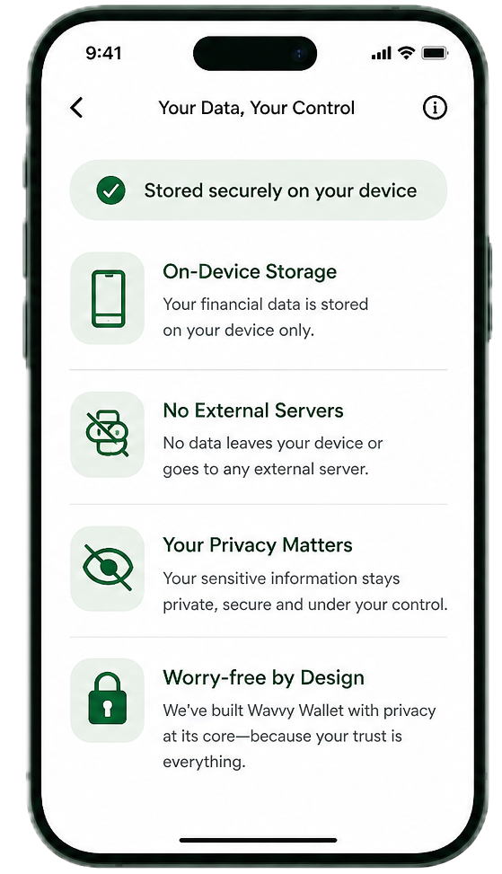 Wavvy Wallet privacy screen: on-device storage, no external servers, and your data under your control
