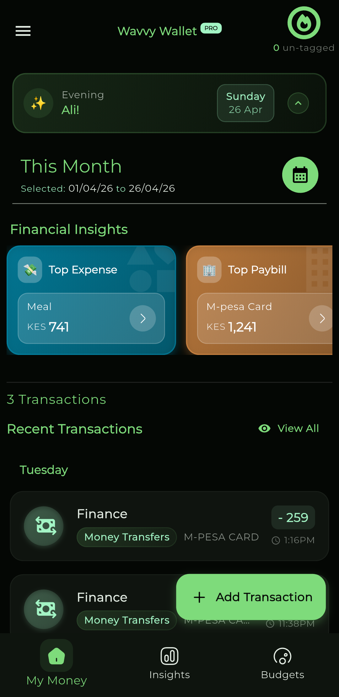 Wavvy Wallet My Money dashboard and recent transactions
