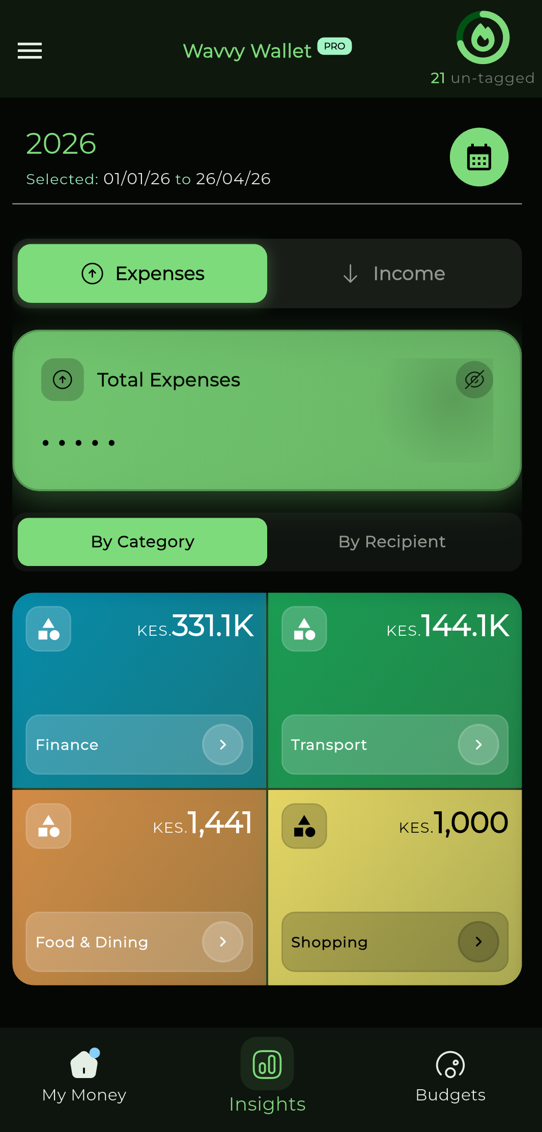 Wavvy Wallet Insights expenses by category