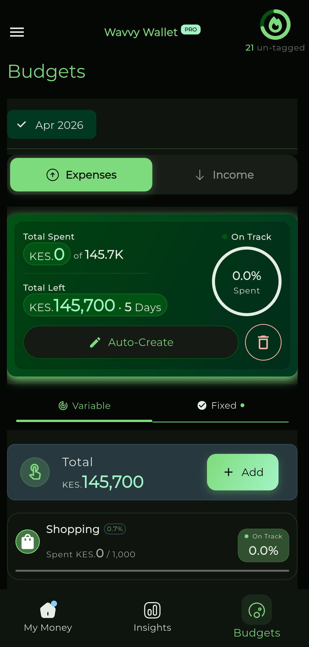 Wavvy Wallet Budgets overview and spending progress
